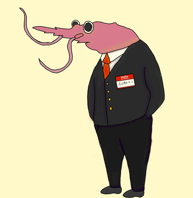 illustration of shrimp pretending to be human
