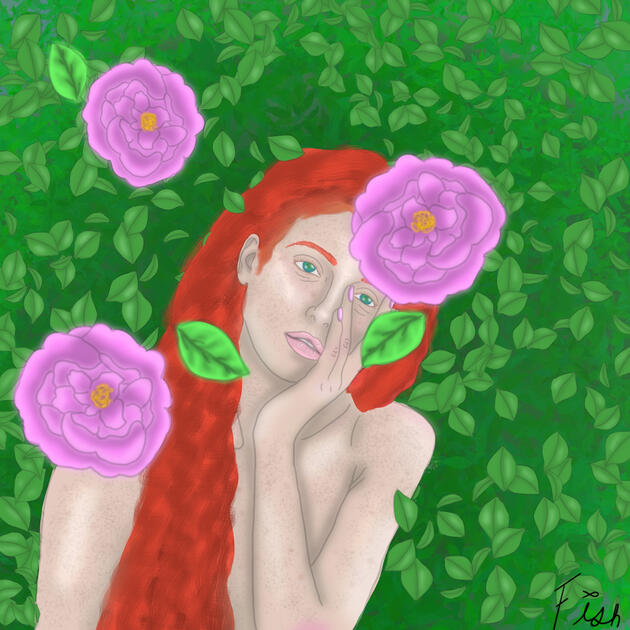 illustration of lady in a bush